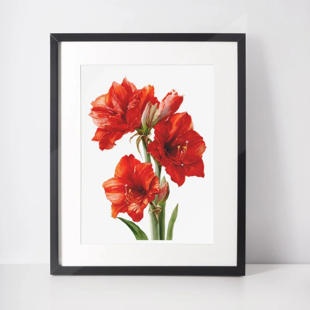 Watercolor Red Amaryllis Flower Bouquet Wall Art Print Poster, Unframed - Picture 3 of 5